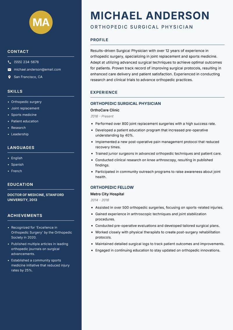 Surgical Physician Resume Preview Example