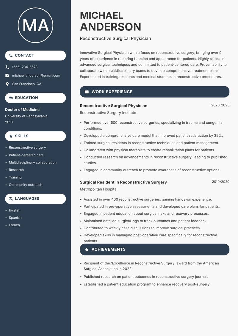 Surgical Physician Resume Preview Example