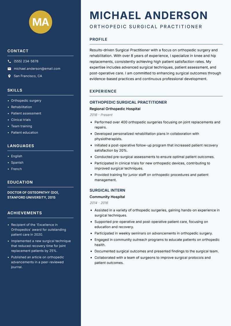 Surgical Practitioner Resume Preview Example