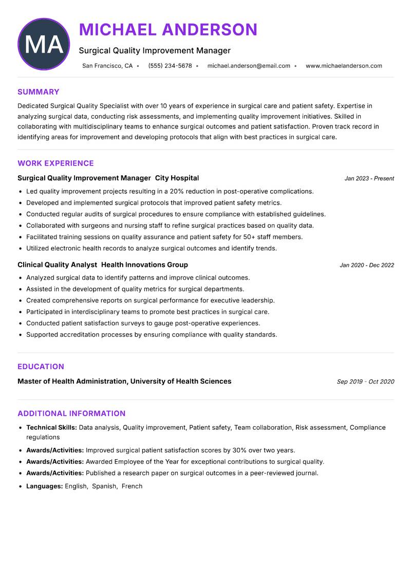 Surgical Quality Specialist Resume Preview Example