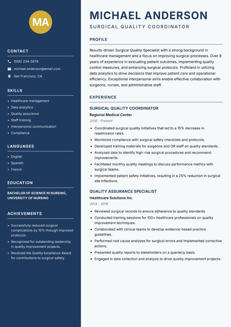 Surgical Quality Specialist Resume Preview Example