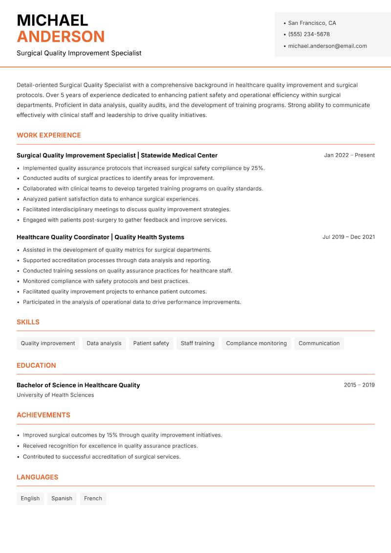 Surgical Quality Specialist Resume Template