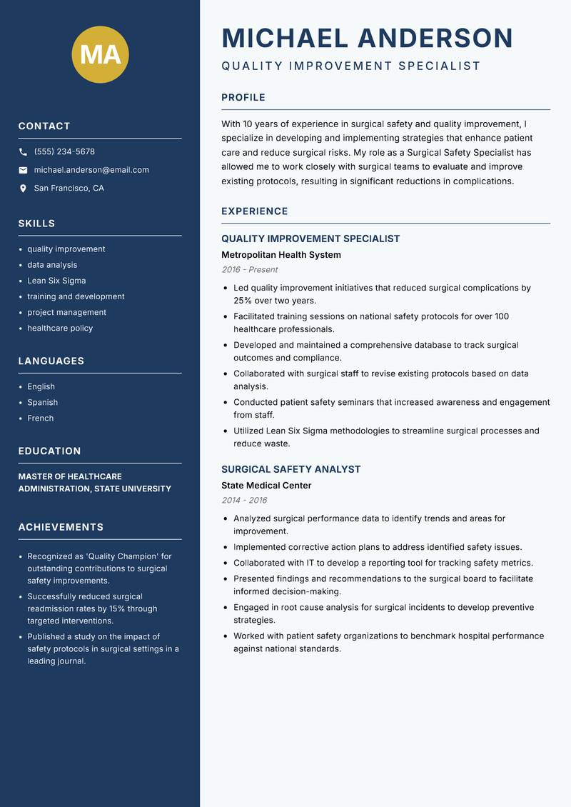 Surgical Safety Specialist Resume Preview Example