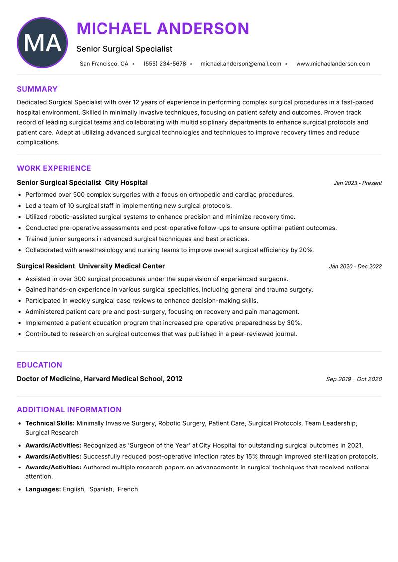 Surgical Specialist Resume Preview Example