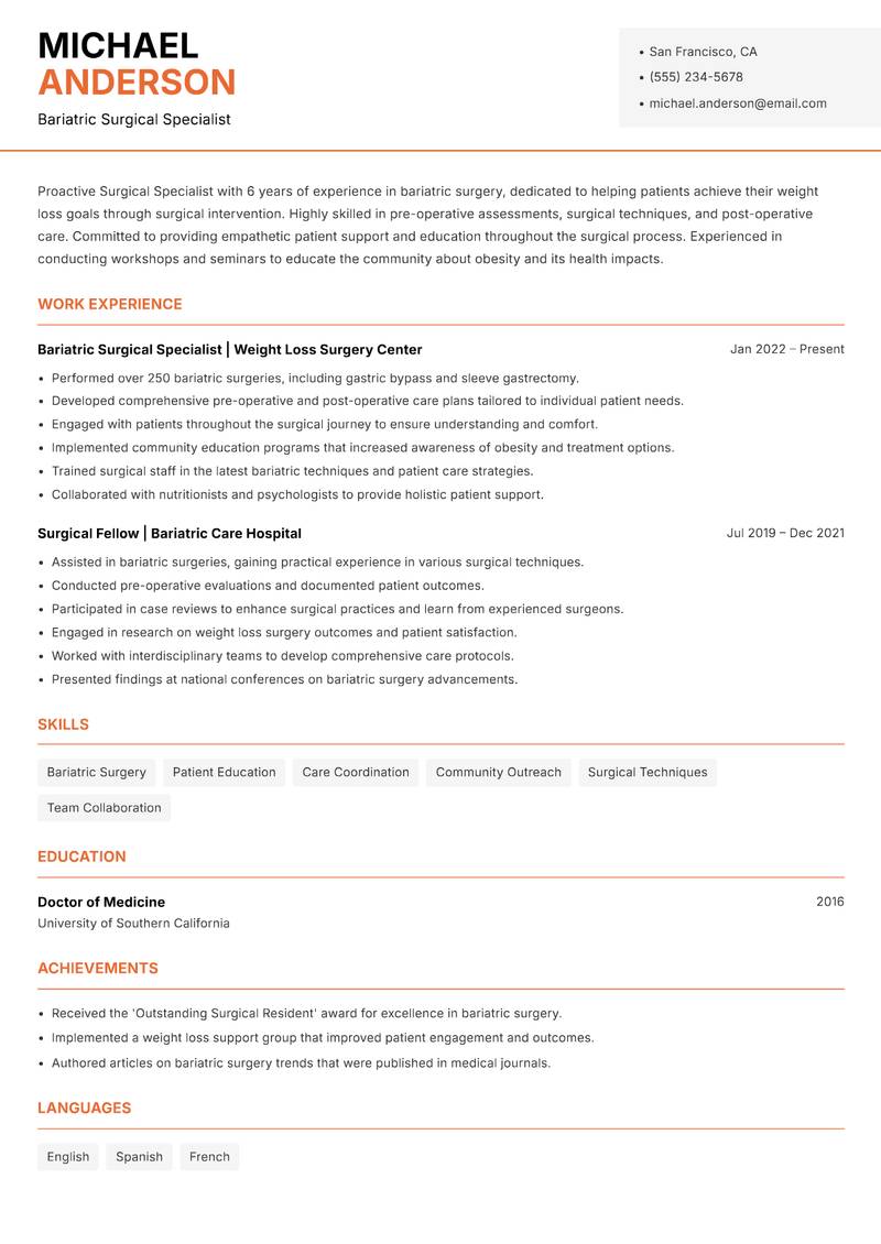 Surgical Specialist Resume Template
