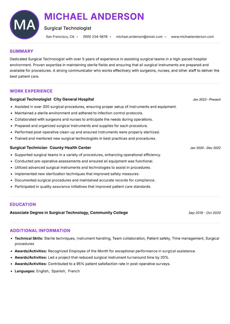 Surgical Technologist Resume Preview Example
