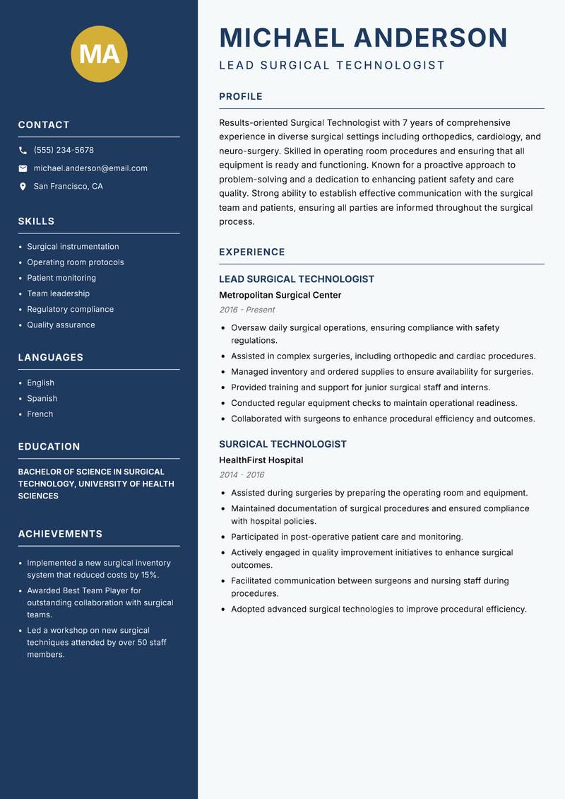 Surgical Technologist Resume Preview Example