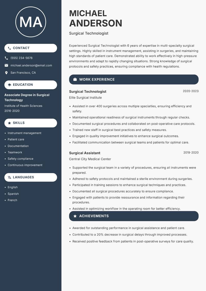 Surgical Technologist Resume Preview Example
