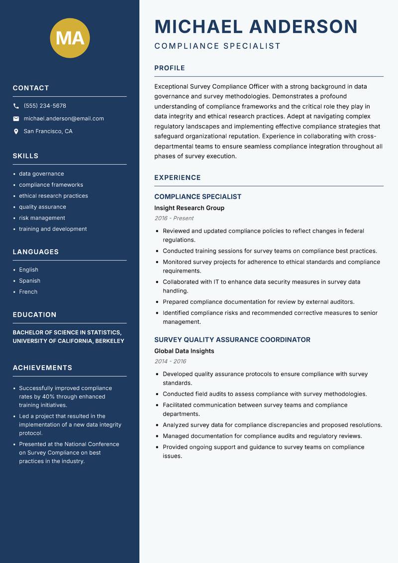 Survey Compliance Officer Resume Preview Example