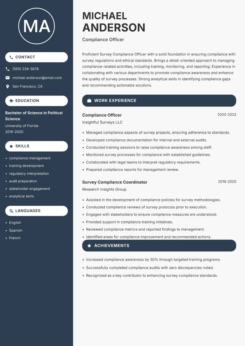 Survey Compliance Officer Resume Preview Example