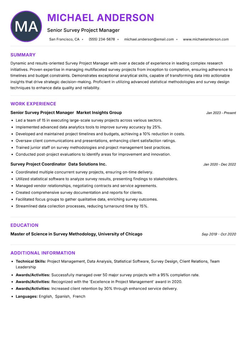 Survey Project Manager Resume Preview Example