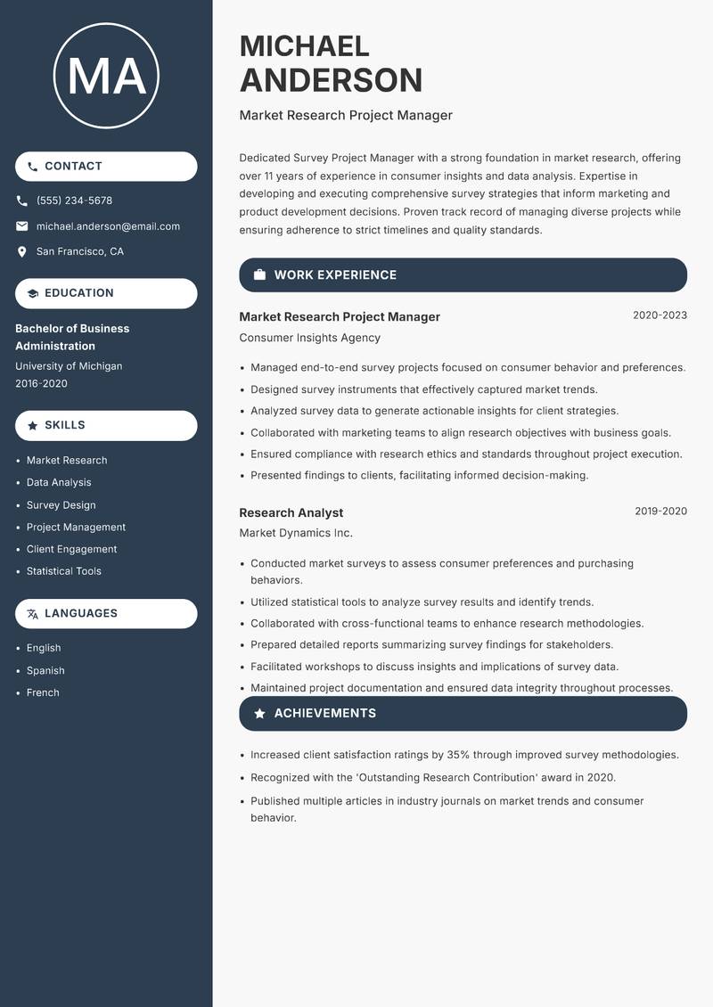 Survey Project Manager Resume Preview Example