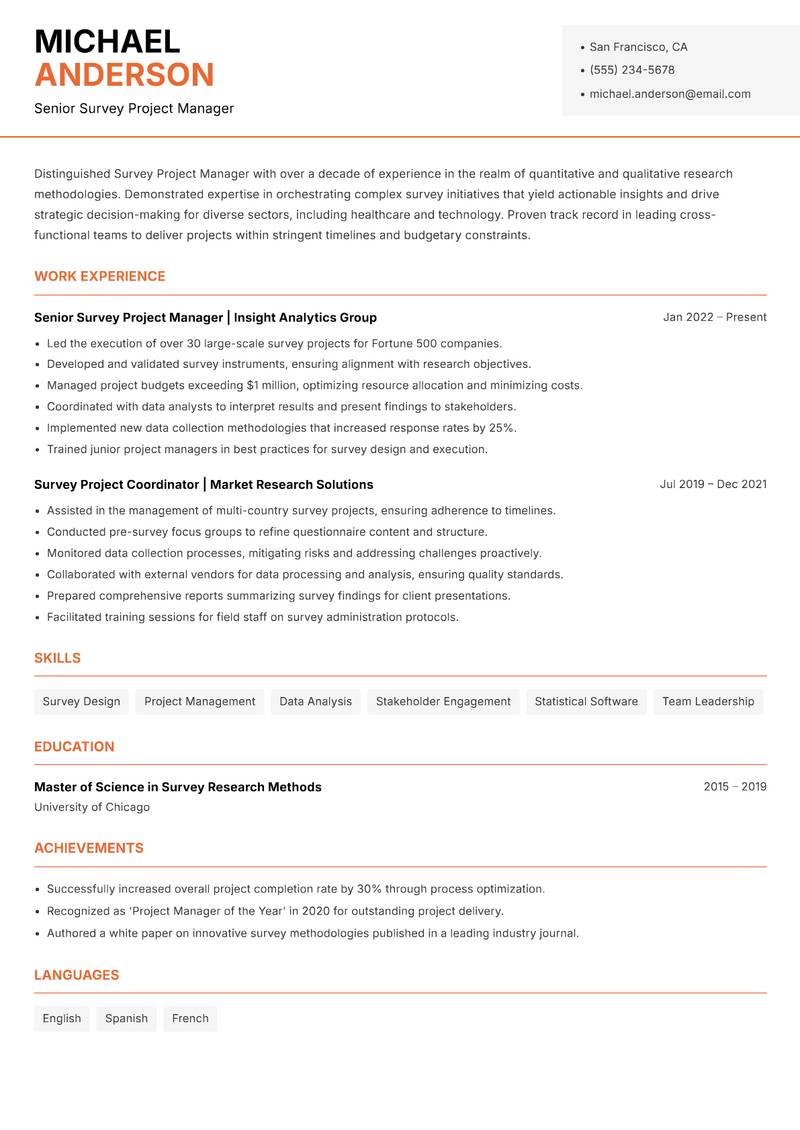 Survey Project Manager Resume Template