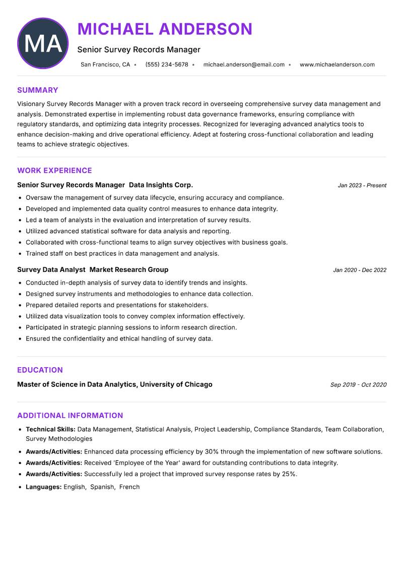 Survey Records Manager Resume Preview Example