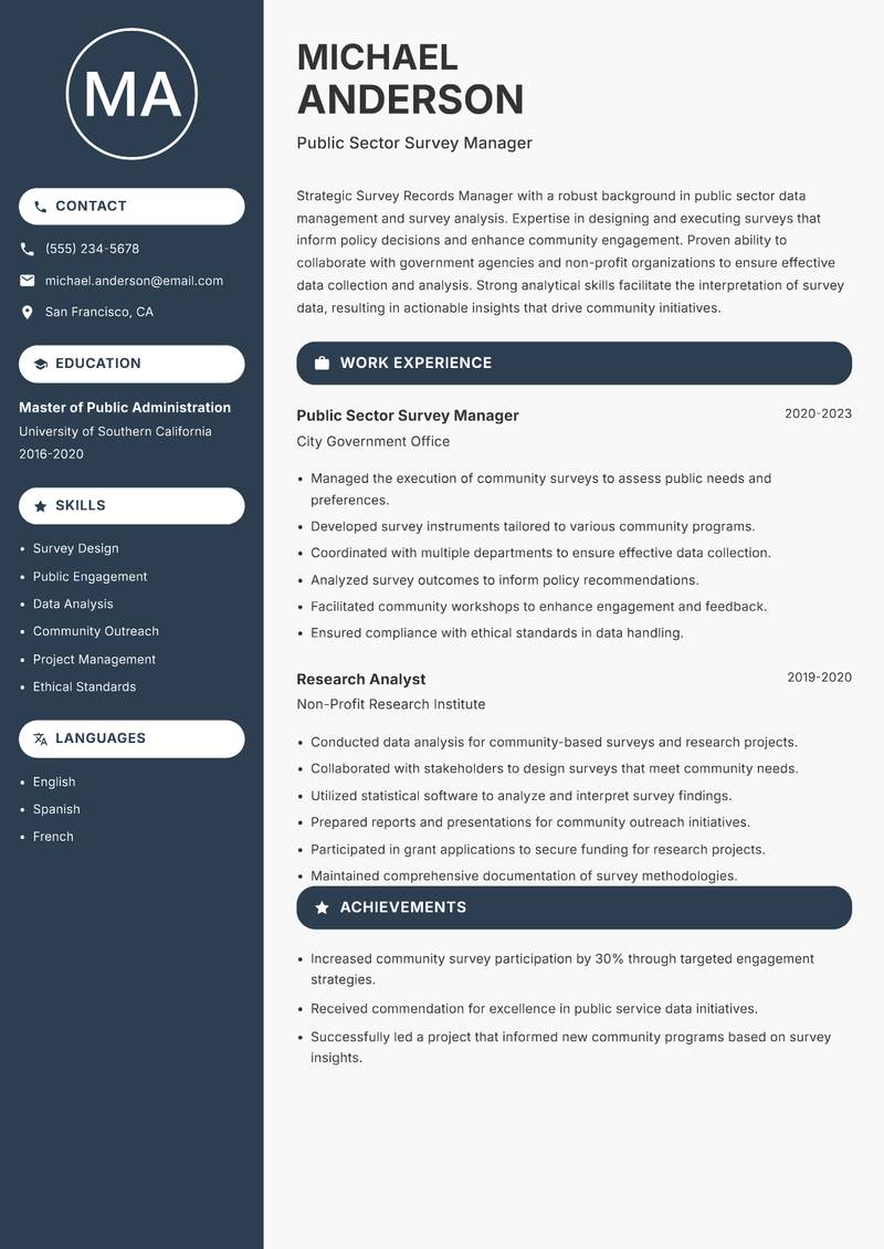 Survey Records Manager Resume Preview Example