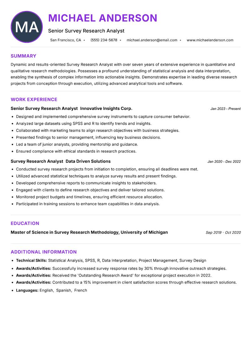 Survey Research Analyst Resume Preview Example