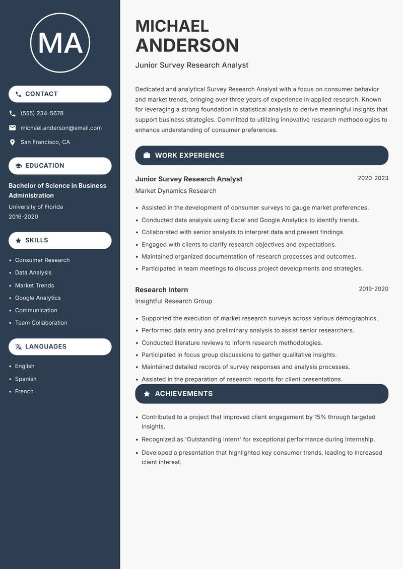Survey Research Analyst Resume Preview Example