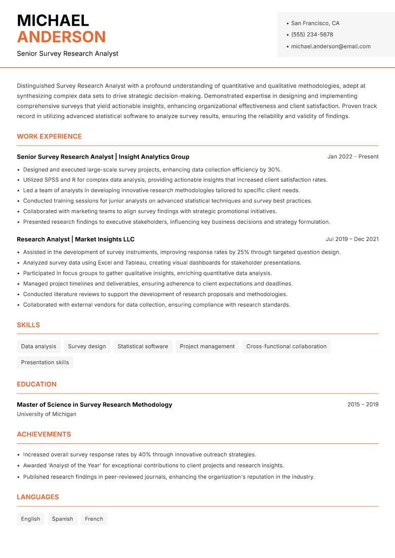 Survey Research Analyst Resume Template
