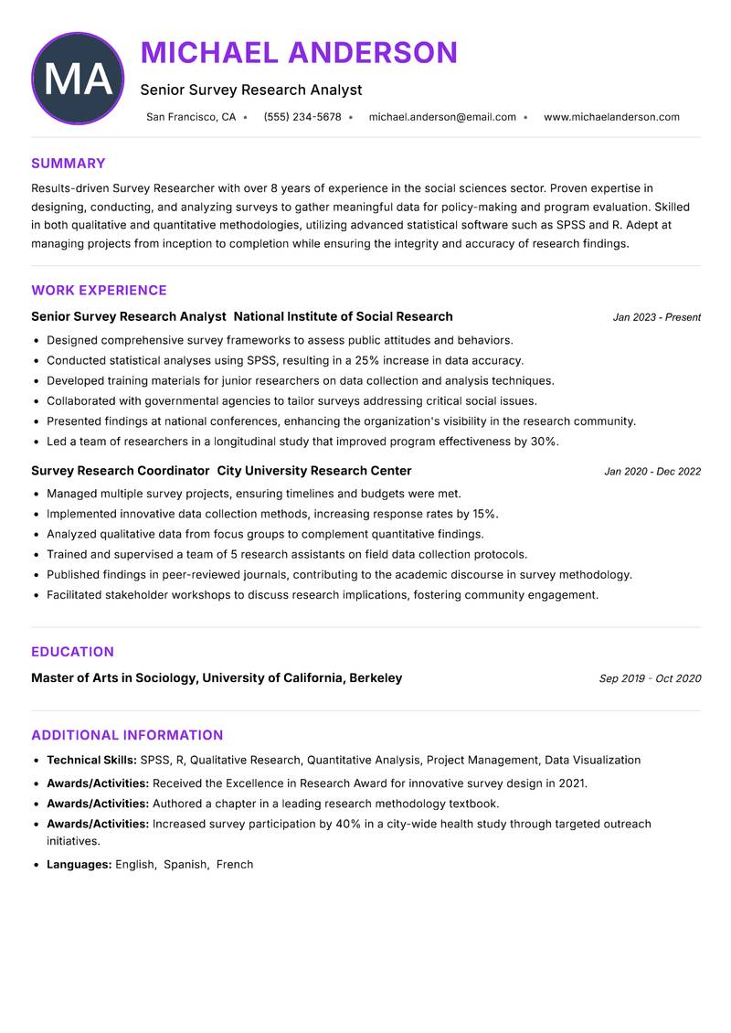 Survey Researcher Resume Preview Example