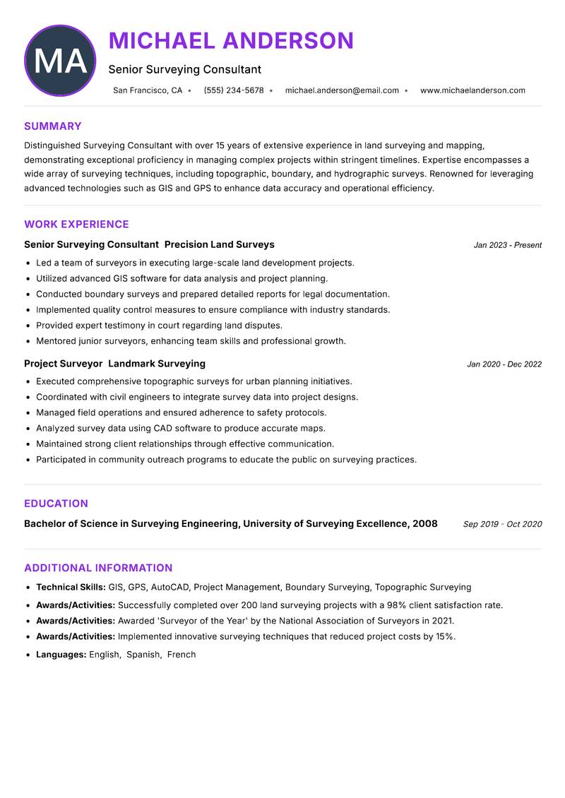 Surveying Consultant Resume Preview Example