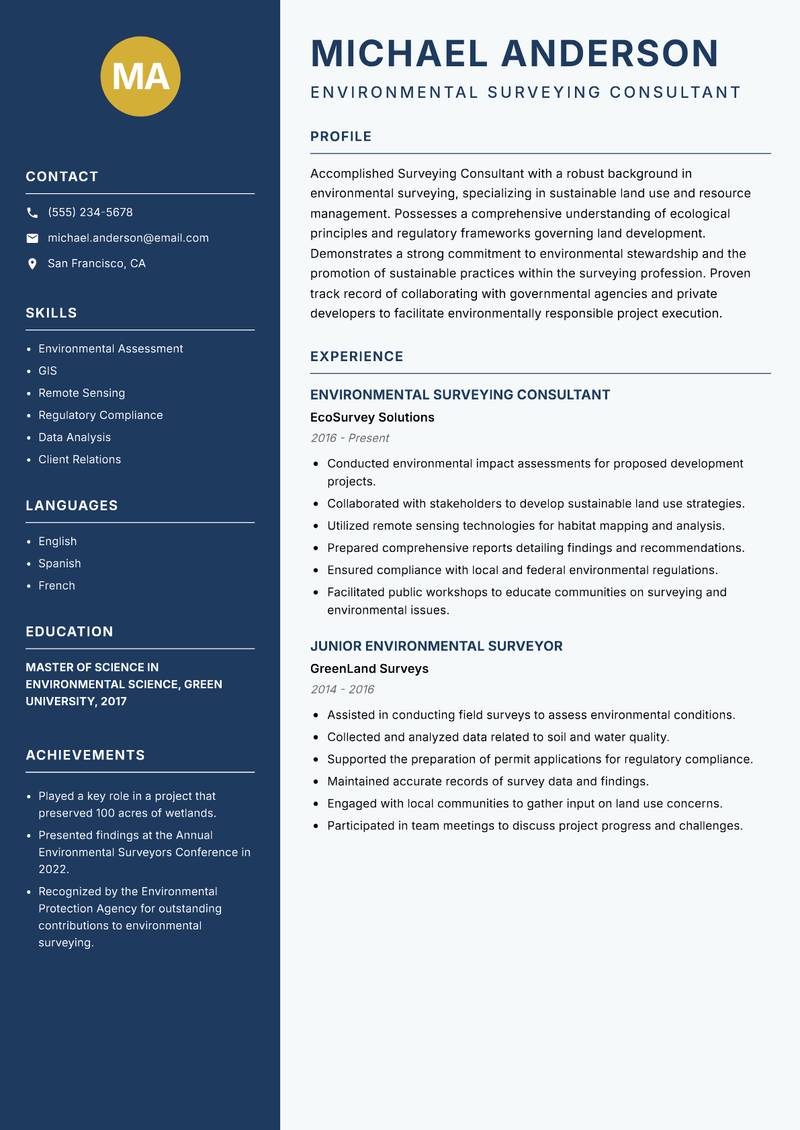 Surveying Consultant Resume Preview Example