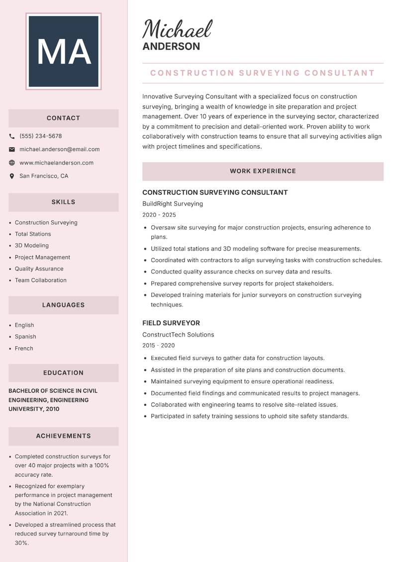 Surveying Consultant Resume Preview Example
