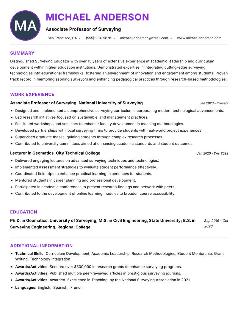 Surveying Educator Resume Preview Example