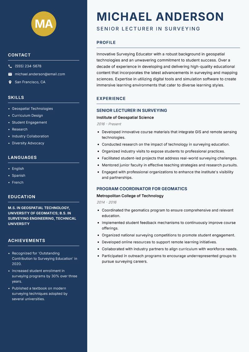 Surveying Educator Resume Preview Example