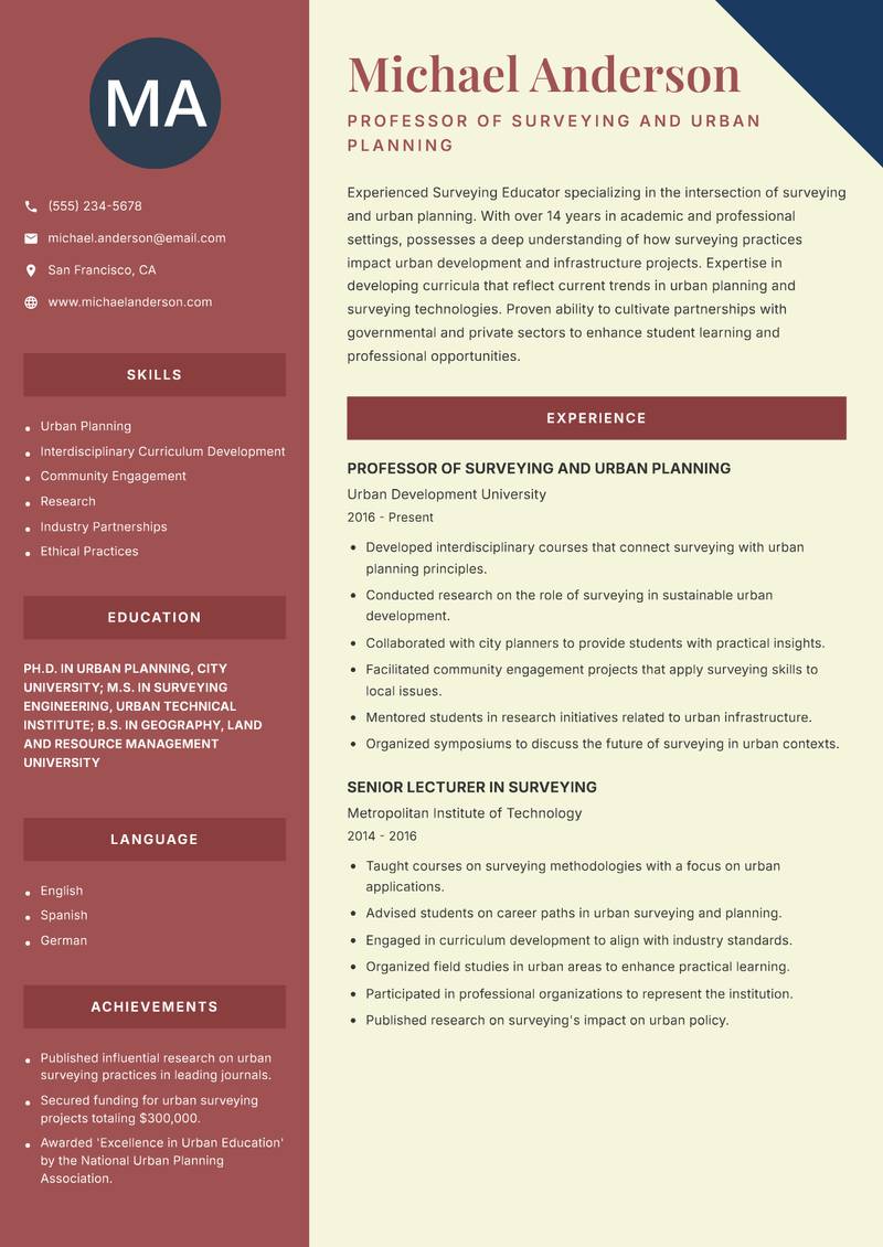 Surveying Educator Resume Preview Example