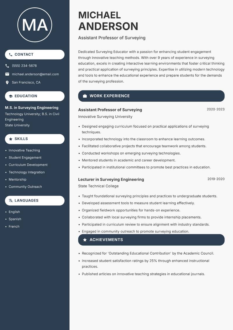 Surveying Educator Resume Preview Example