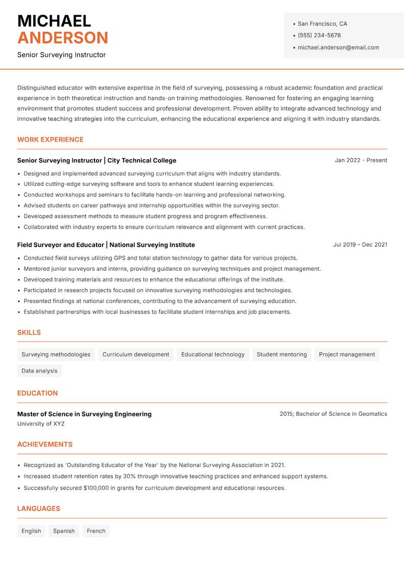 Surveying Educator Resume Template