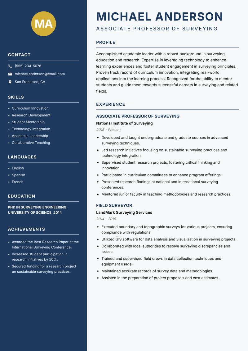 Surveying Instructor Resume Preview Example