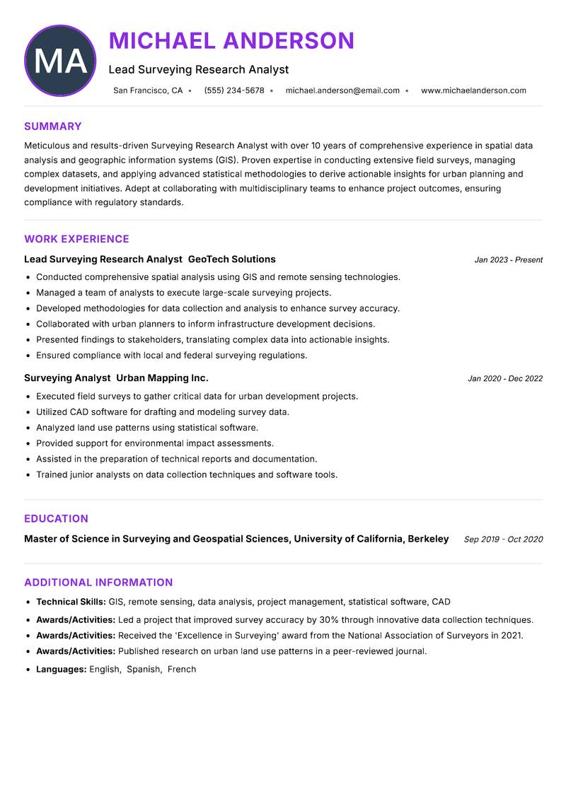 Surveying Research Analyst Resume Preview Example