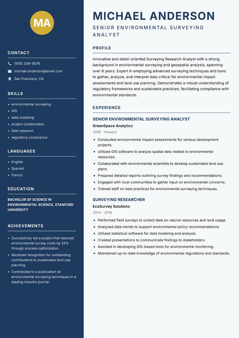 Surveying Research Analyst Resume Preview Example