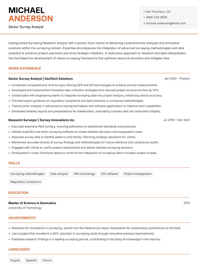 Surveying Research Analyst Resume Template