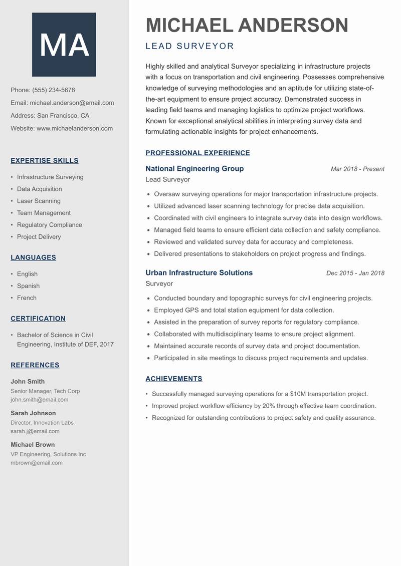 Surveyor Resume Preview Example