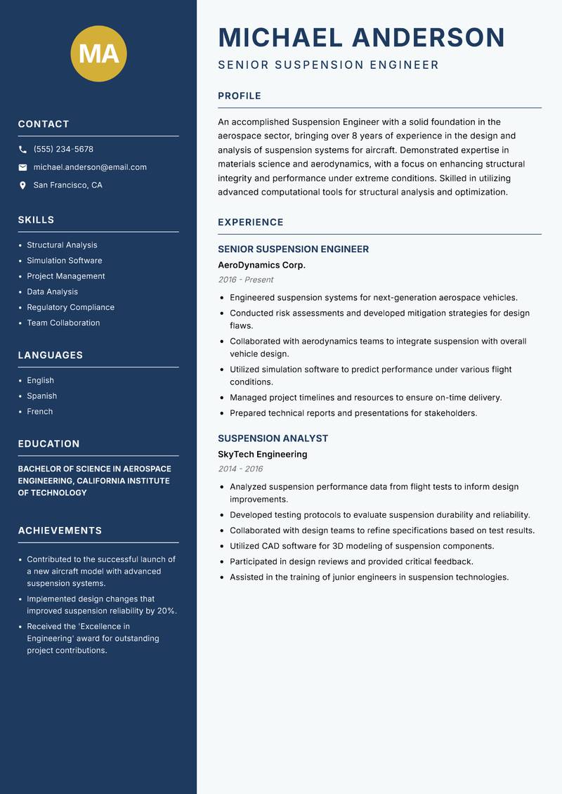 Suspension Engineer Resume Preview Example