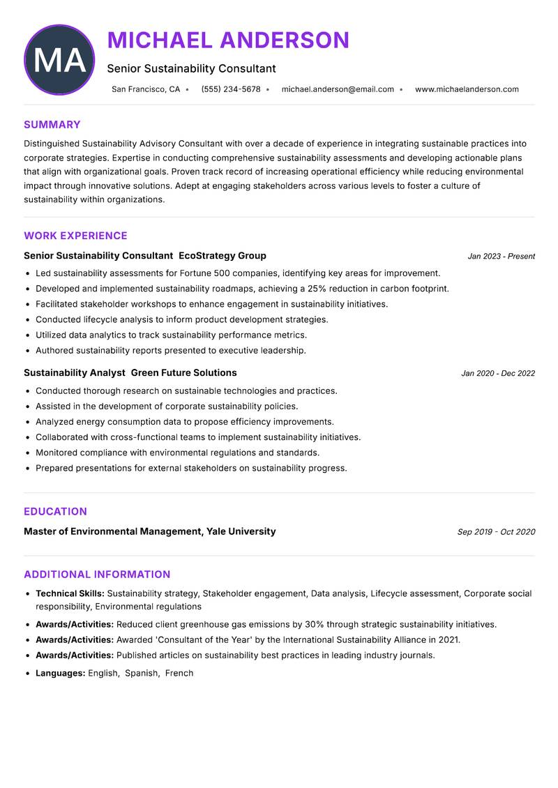 Sustainability Advisory Consultant Resume Preview Example