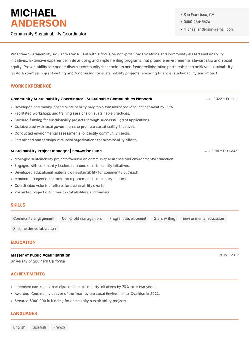 Sustainability Advisory Consultant Resume Template