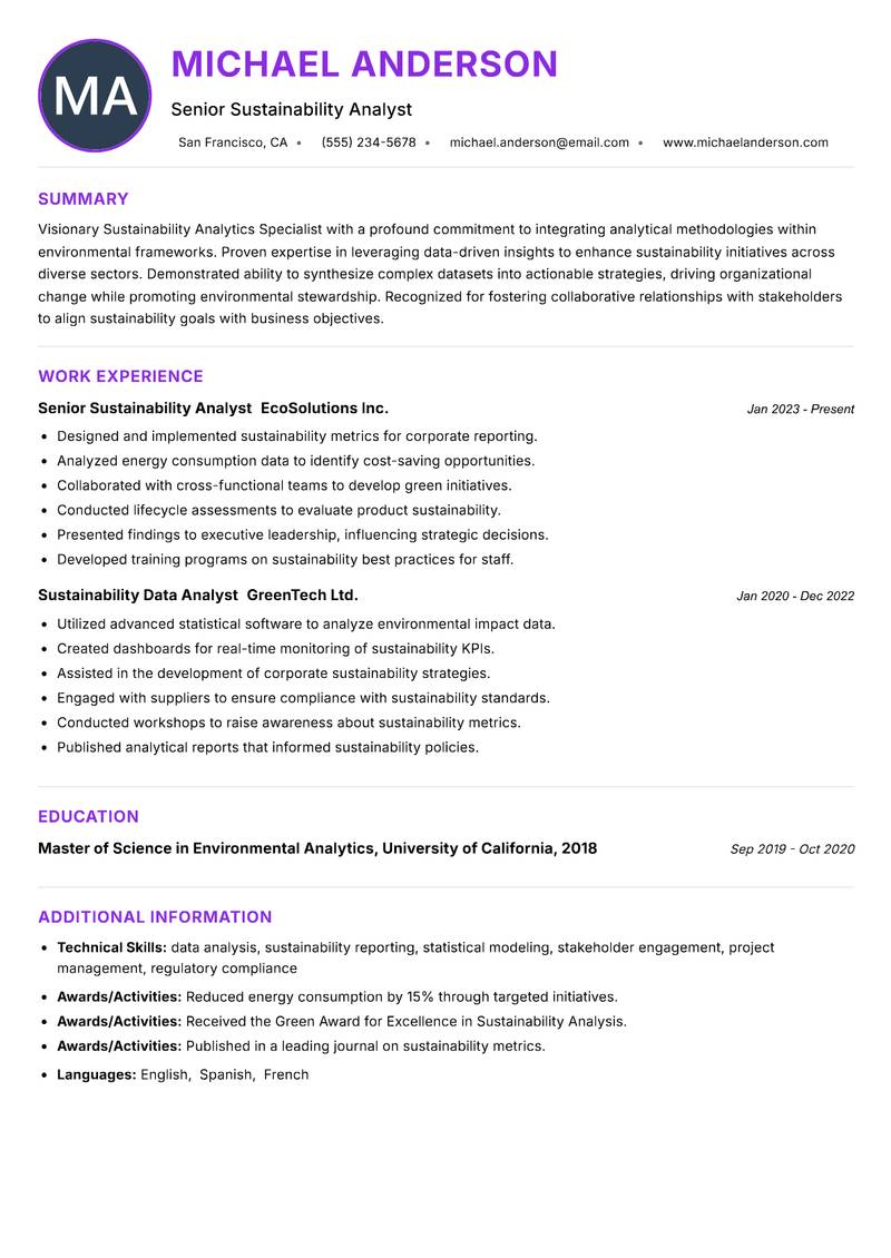 Sustainability Analytics Specialist Resume Preview Example