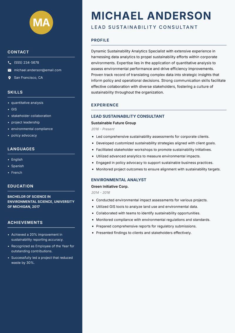 Sustainability Analytics Specialist Resume Preview Example