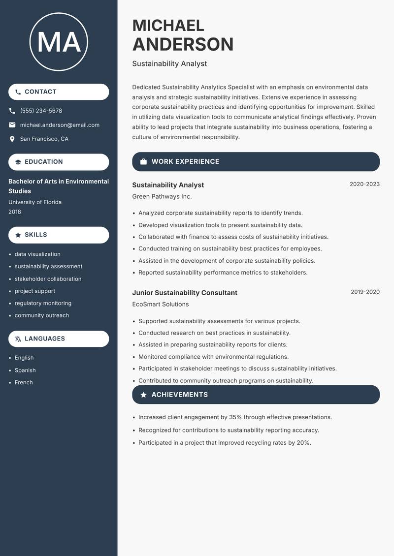 Sustainability Analytics Specialist Resume Preview Example
