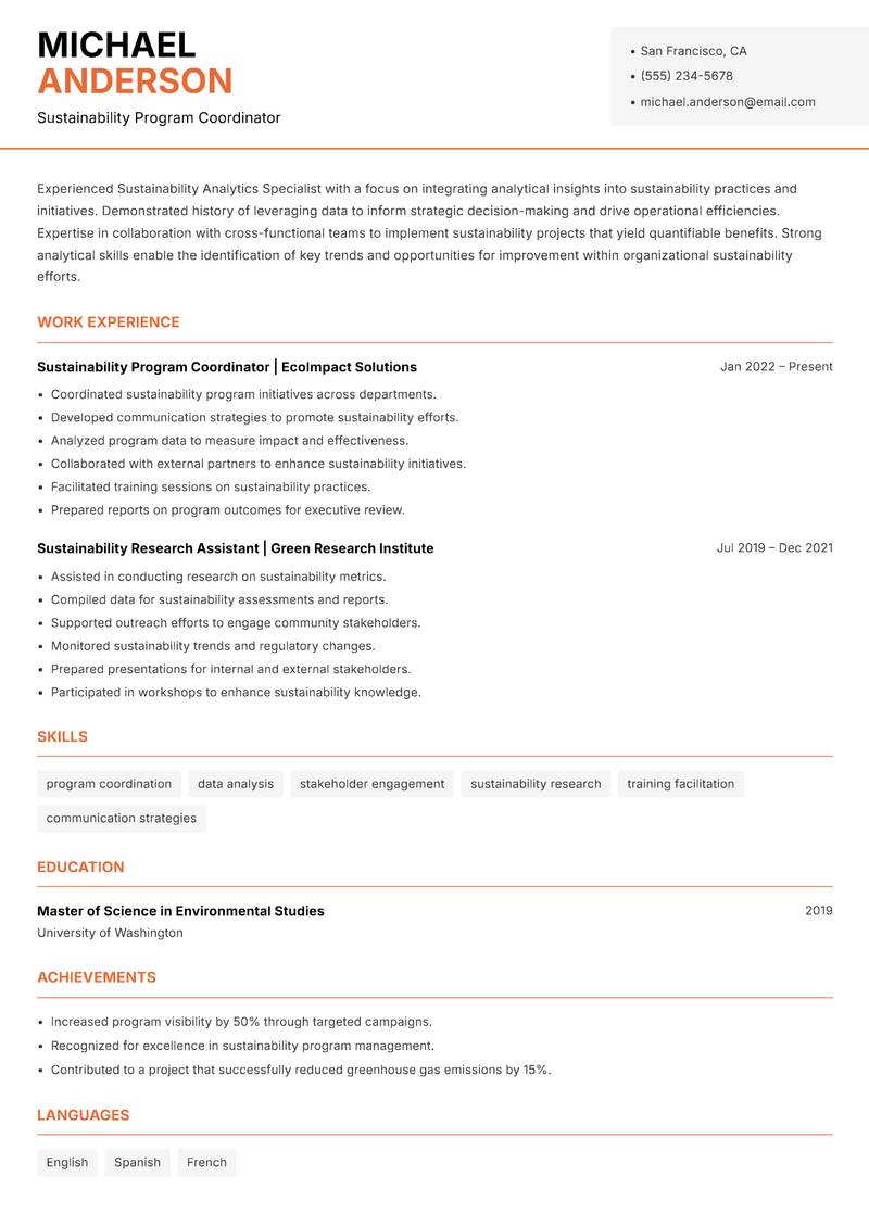 Sustainability Analytics Specialist Resume Template