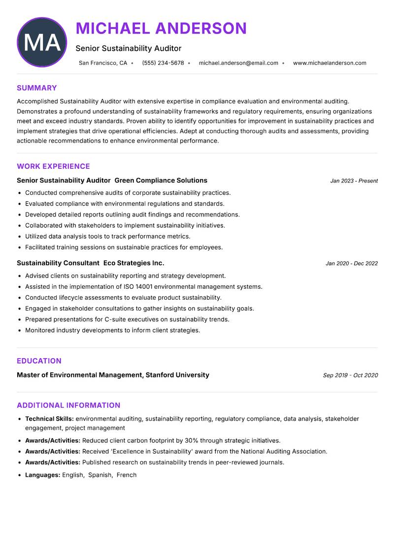 Sustainability Auditor Resume Preview Example
