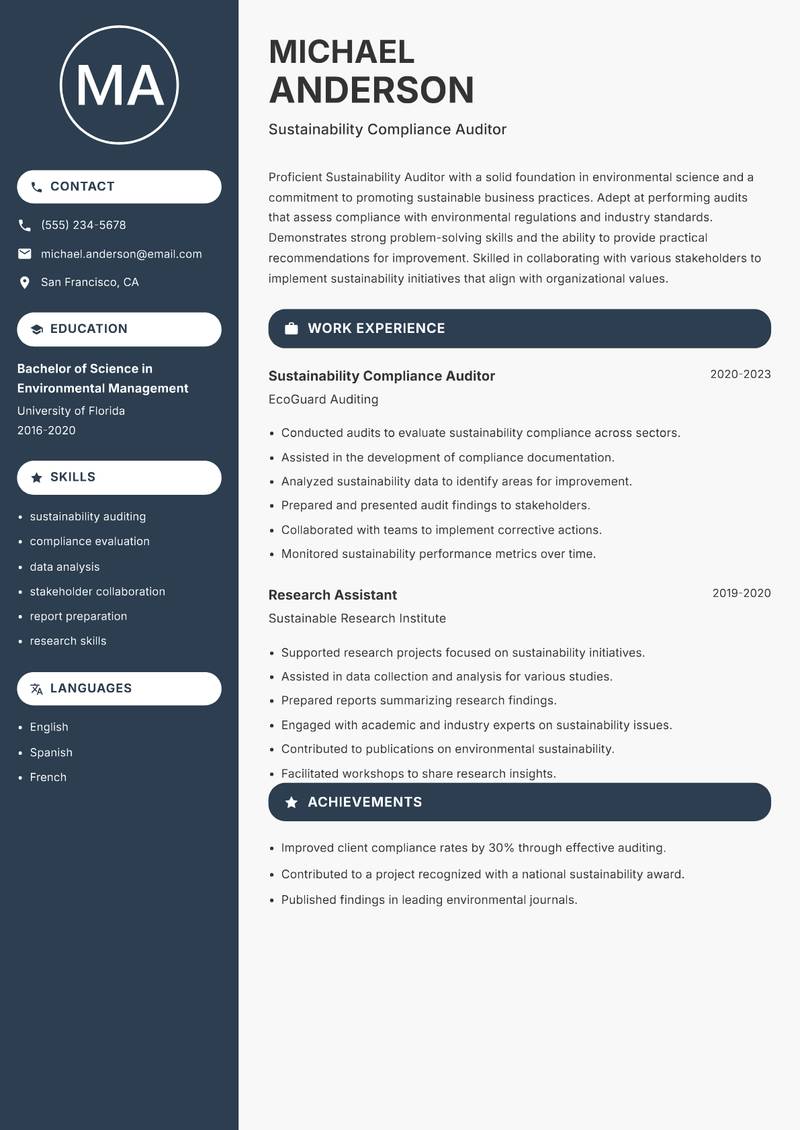 Sustainability Auditor Resume Preview Example