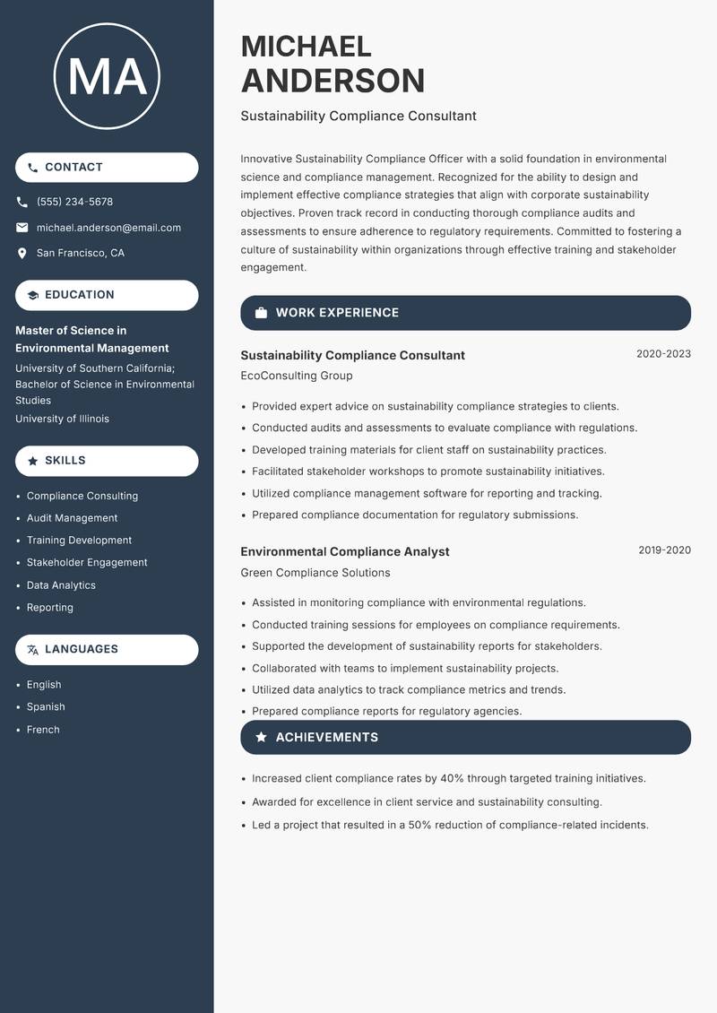 Sustainability Compliance Officer Resume Preview Example