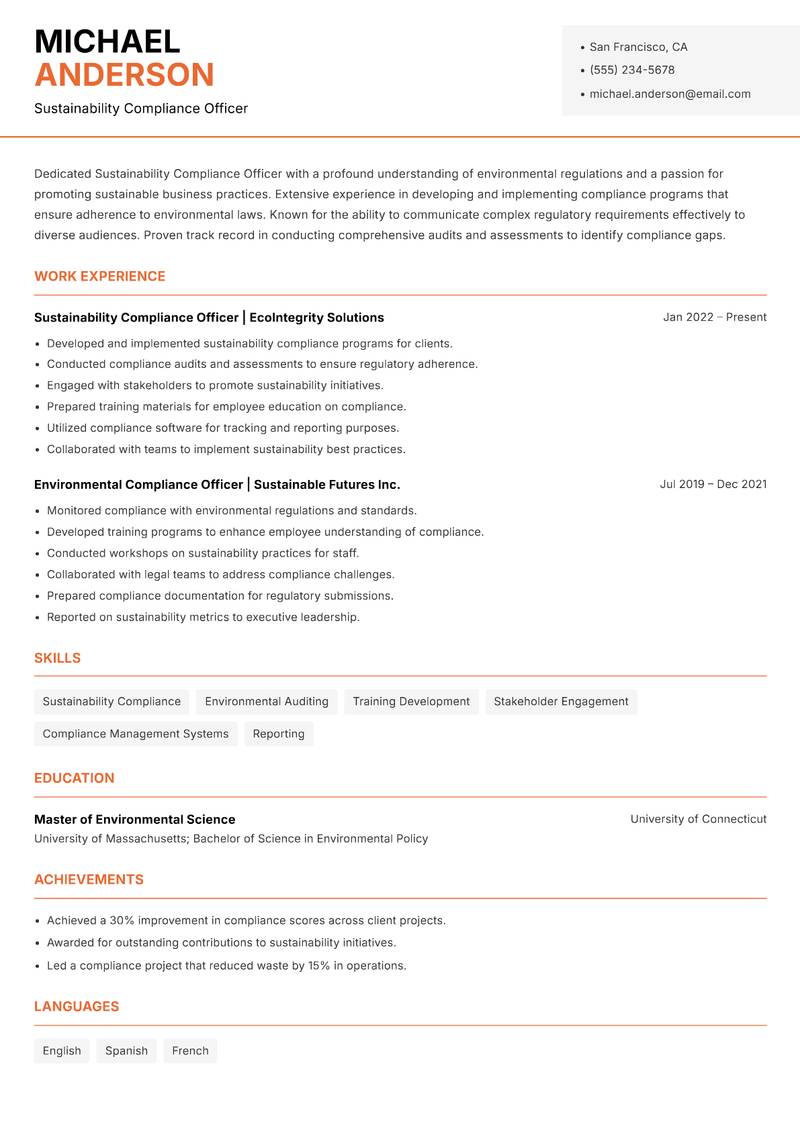 Sustainability Compliance Officer Resume Template