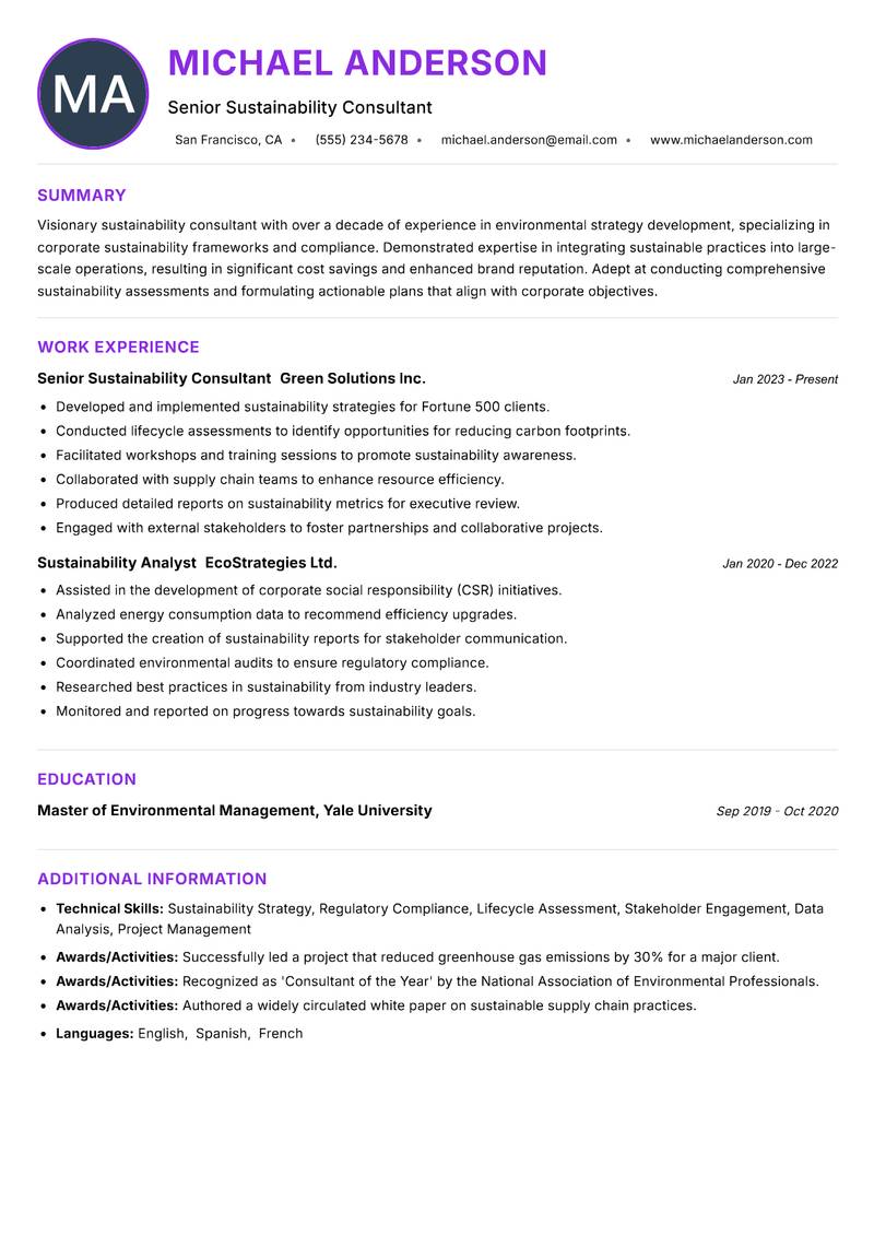 Sustainability Consultant Resume Preview Example