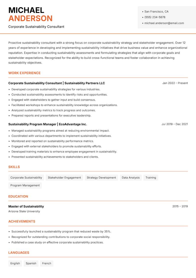 Sustainability Consultant Resume Template