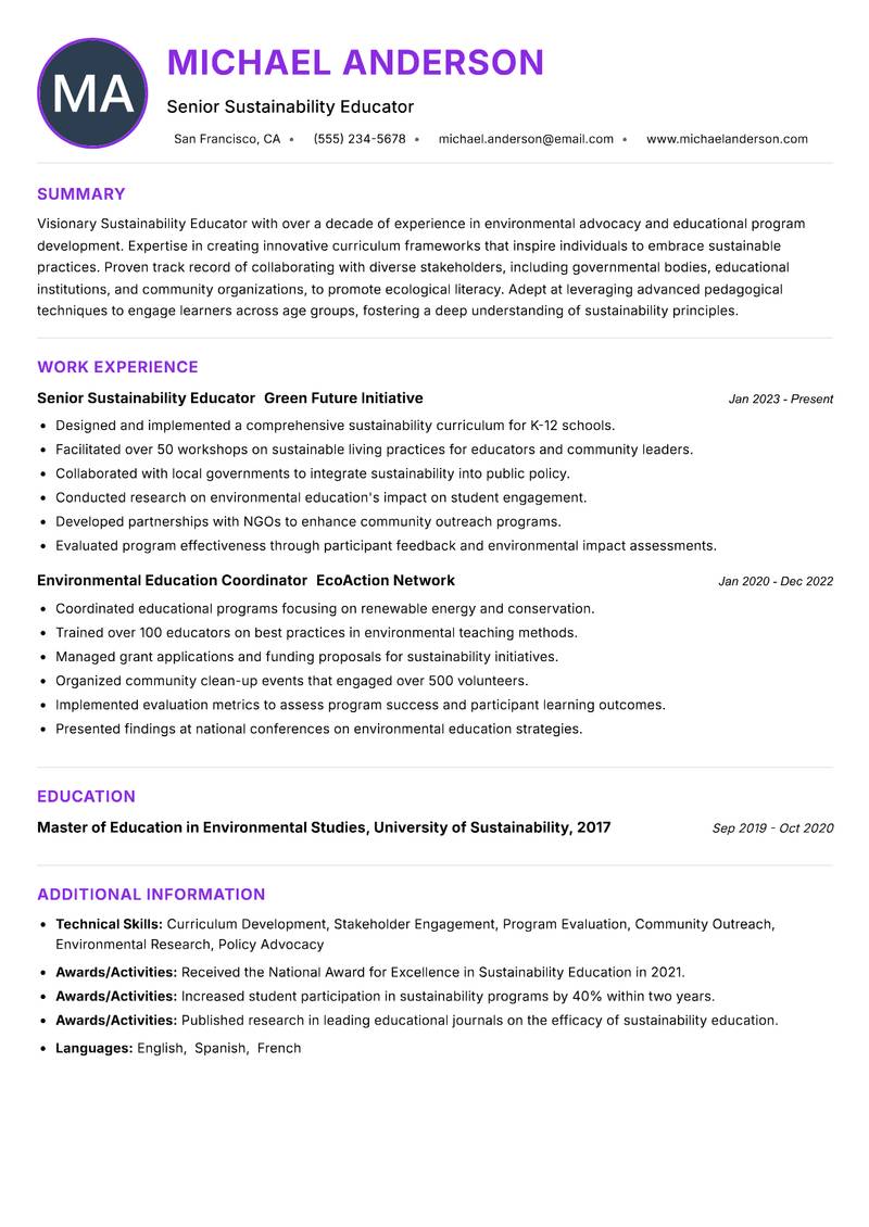 Sustainability Educator Resume Preview Example